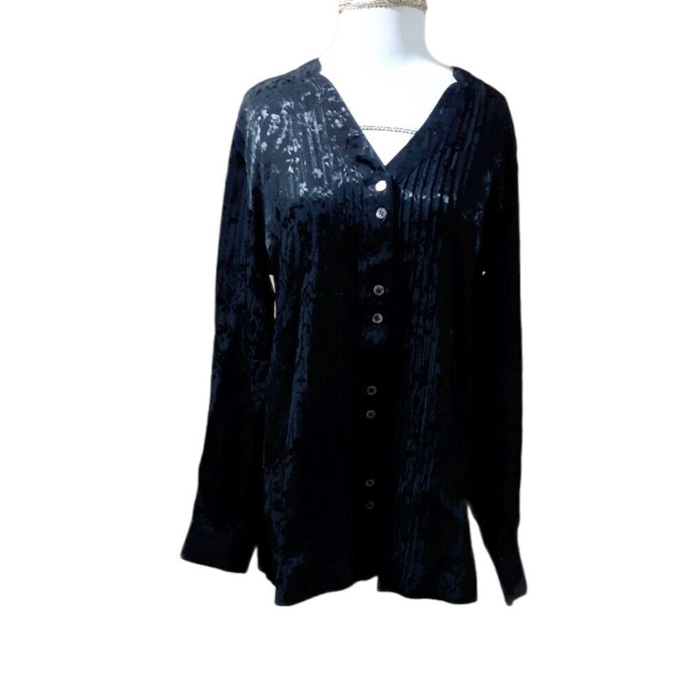 Soft Surroundings Womens Black Long Sleeves Shirt Blouse Viscose Floral Print S